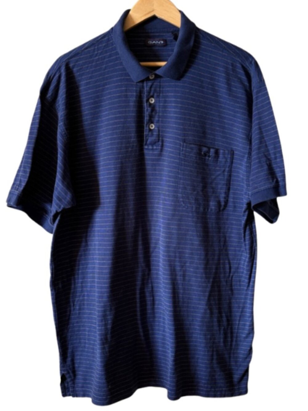 GANT Mens Polo Shirt XL Navy Blue Striped Cotton Long Length Pocket